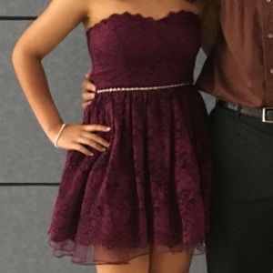 Jodi Kristopher maroon strapless dress